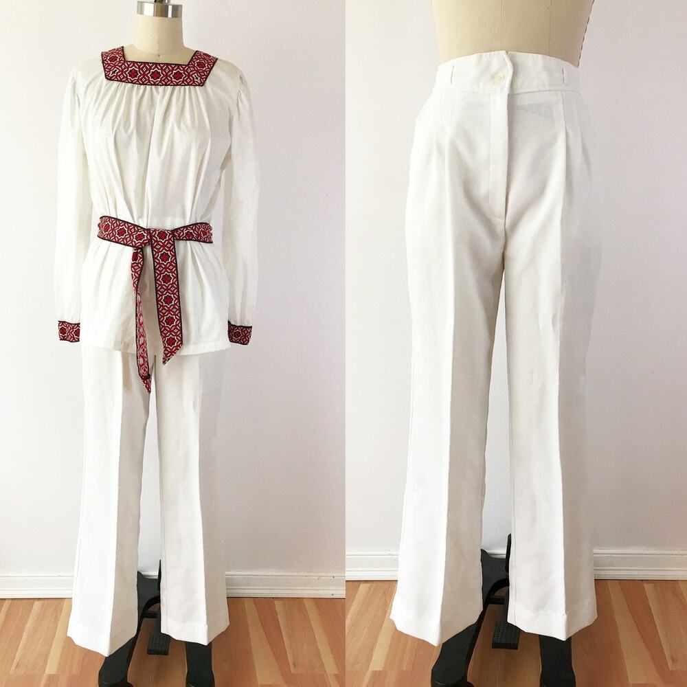 SIZE M‎ Vintage Tapered Leg White Trousers Pants Pleated 1970s